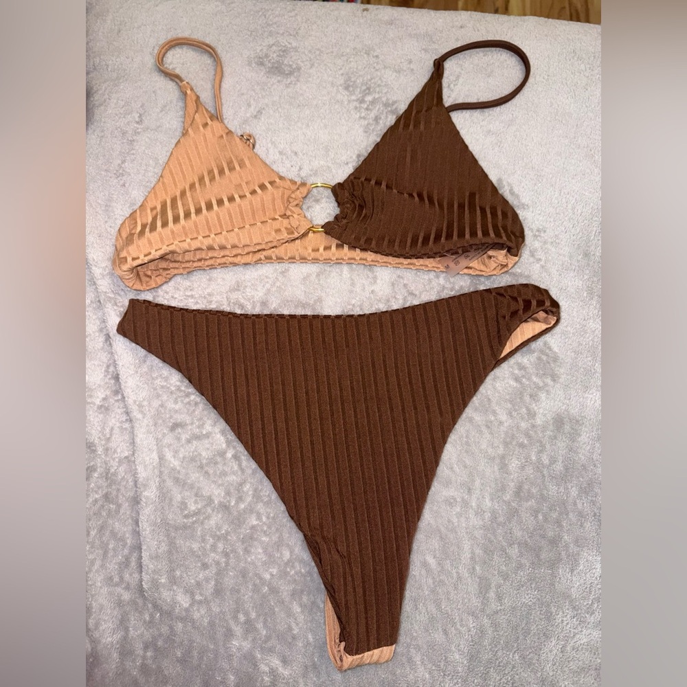 Ribbed Two-Tone Bikini Set in Chocolate and Nude